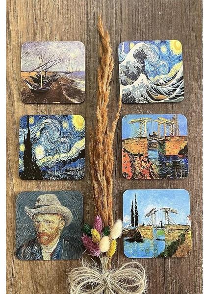 Van Gogh Temalı Ahşap Bardak Altlığı Ahşap Baskılı Altlık 6'lı Set (9 X9CM) KARBONNM14 modelleri