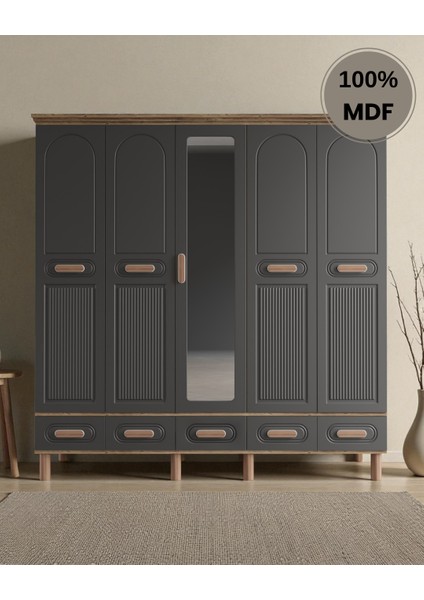 Otto 5 Kapaklı Aynalı Çekmeceli Mdf Gardırop