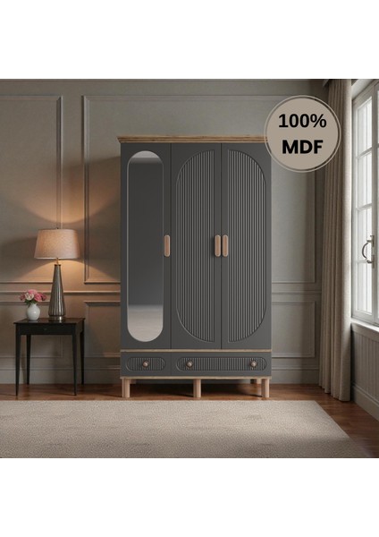 Sally 3 Kapaklı Aynalı Çekmeceli Mdf Gardırop