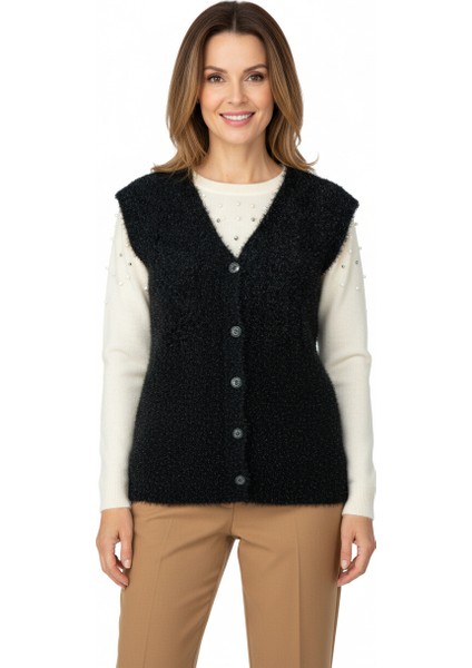 Kadın Kışlık Anne Yelek Simli Yumuşak Pamuklu Triko Örme Model Önden Düğmeli Cepli Rahat