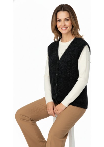 Kadın Kışlık Anne Yelek Simli Yumuşak Pamuklu Triko Örme Model Önden Düğmeli Cepli Rahat modelleri