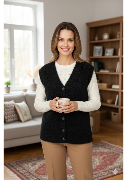 Kadın Kışlık Anne Yelek Simli Yumuşak Pamuklu Triko Örme Model Önden Düğmeli Cepli Rahat indirimleri