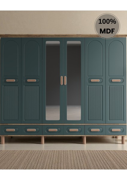 Perry 6 Kapaklı Aynalı Çekmeceli Mdf Gardırop