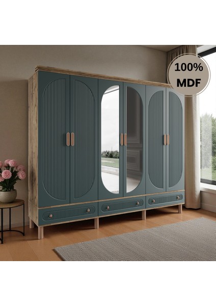 Sally 6 Kapaklı Aynalı Çekmeceli Mdf Gardırop