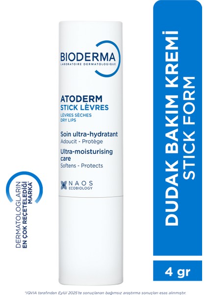 Atoderm Lip Stick Besleyici, E Vitamini ve Shea Yağı İçeren Nemlendirici Dudak Bakım Kremi 4 gr