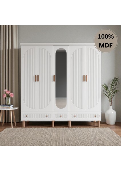 Sally 5 Kapaklı Aynalı Çekmeceli Mdf Gardırop