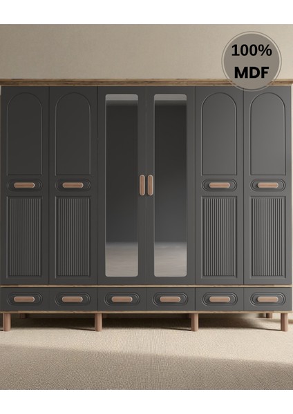 Perry 6 Kapaklı Aynalı Çekmeceli Mdf Gardırop