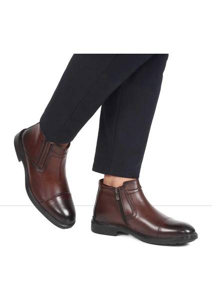 Erkek Kahverengi Fermuarlı Klasik Deri Bot