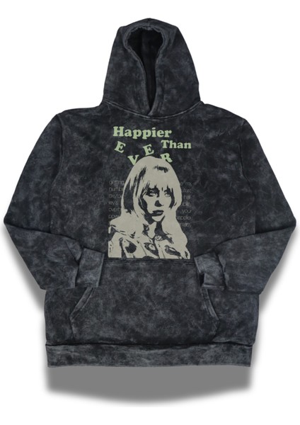 Unisex Happier Than Ever Baskılı Kapüşonlu Yıkamalı Sweatshirt, Oversize Billie Eilish Retro Hoodie