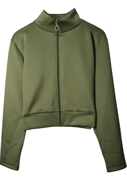 Scuba Kumaş Uzun Kollu Fermuarlı Crop Spor Ceket Fıstık Yeşili