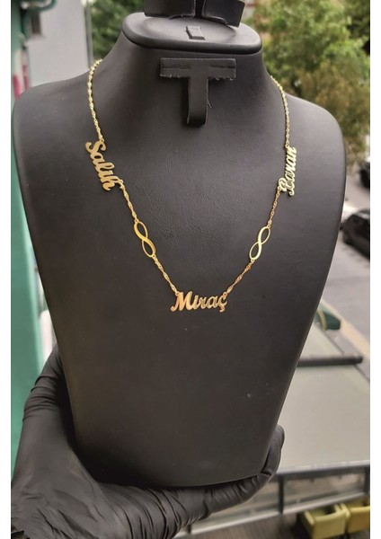 925 Ayar Gümüş 24 Ayar Altın Kaplama 3 Isimli 2 Sonsuzluk Figürlü Kolye