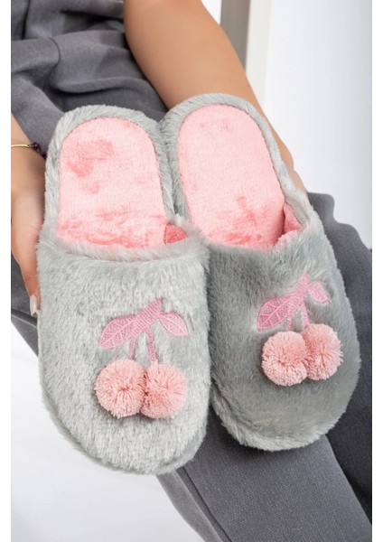 Kadın Ev Terliği Kirazlı Ev Terliği Kışlık Terlik Misafir Terliği Tüylü Terlik