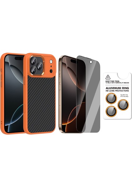 iPhone 17 Pro Max Kılıf M-Safe Şarj Özellikli Karbon Fiber Görünümlü Zore Truva Silikon Kapak + Safir Kamera Lens + Hayalet Ekran Koruyucu