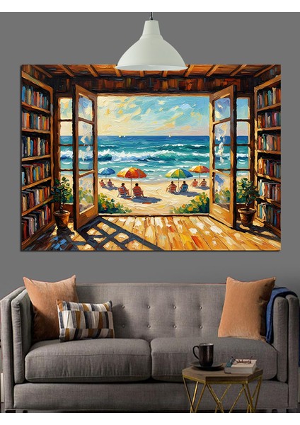 Deniz Manzaralı Kitaplık Dekoratif Kanvas - Mdf Ahşap Tablo