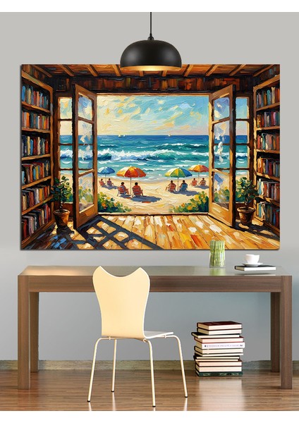 Deniz Manzaralı Kitaplık Dekoratif Kanvas - Mdf Ahşap Tablo fiyatları