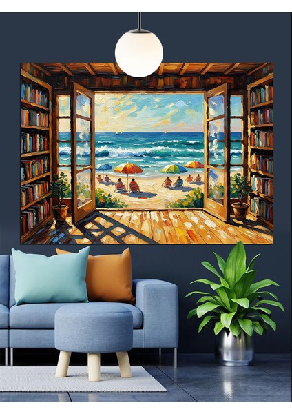 Deniz Manzaralı Kitaplık Dekoratif Kanvas - Mdf Ahşap Tablo modelleri