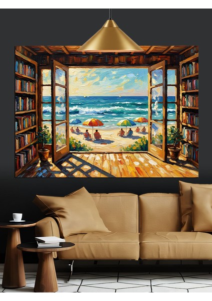 Deniz Manzaralı Kitaplık Dekoratif Kanvas - Mdf Ahşap Tablo fırsatları
