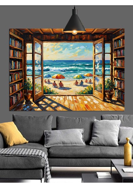 Deniz Manzaralı Kitaplık Dekoratif Kanvas - Mdf Ahşap Tablo indirimleri
