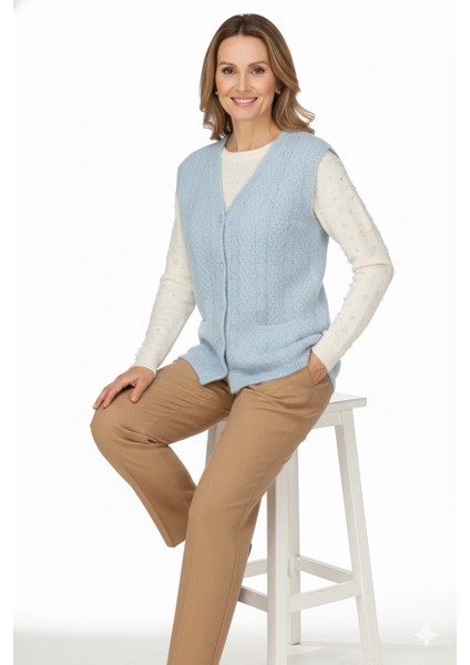 Kadın Kışlık Anne Yelek Simli Yumuşak Pamuklu Triko Örme Model Önden Düğmeli Cepli Rahat modelleri