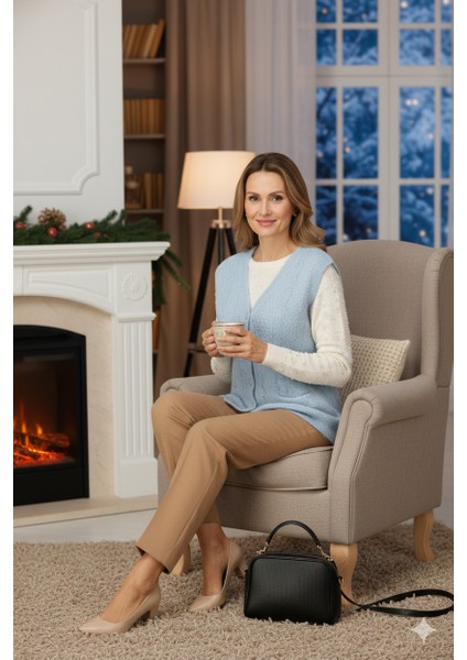 Kadın Kışlık Anne Yelek Simli Yumuşak Pamuklu Triko Örme Model Önden Düğmeli Cepli Rahat fırsatları