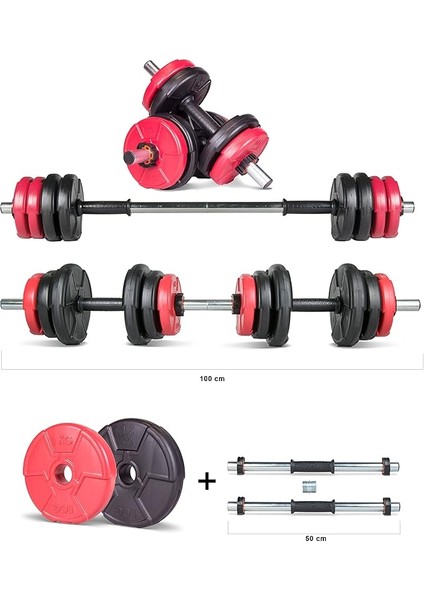 12 kg Multifonksiyonel Kırmızı Siyah Halter Seti ve Dambıl Seti