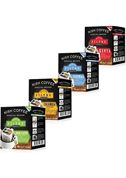 Nish Pratik Filtre Kahve 4'lü Set (Colombia-Guatemala-Kenya-Yüksek Kafein)