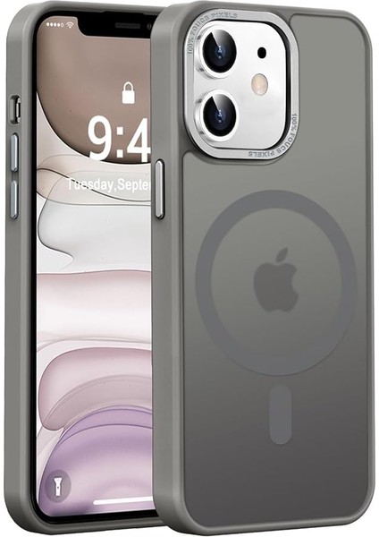 iPhone 11 Uyumlu Kamera Korumalı Magsafe Wireless Şarj Özellikli Arkası Mat Metal Tuş Takımlı Ultra Güçlü Korumalı Silikon Kılıf (Gri, iPhone 11)