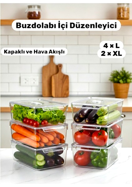 Dali 6 Adet Kapaklı Buzdolabı Içi Sebze Meyve Düzenleyici Seti Şeffaf Organizer (4l-2xl Boy)