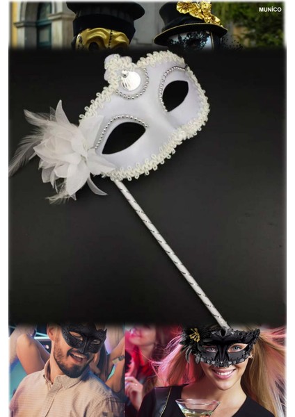 Tutmalı Beyaz Maske – Işıltılı Yüzey, Standart Ölçü | Doğum Günü ve Düğün Fotoğrafları Için