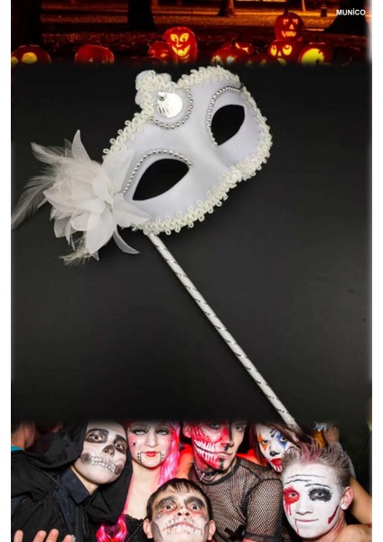 Tutmalı Beyaz Maske – Işıltılı Yüzey, Standart Ölçü | Doğum Günü ve Düğün Fotoğrafları Için