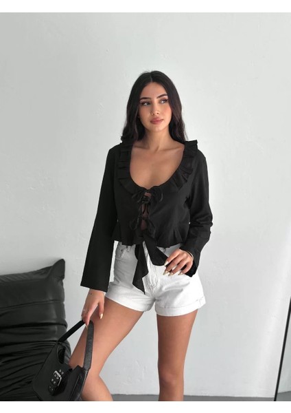 Keten Uzun Kol Bağacık Detaylı Bluz - Siyah