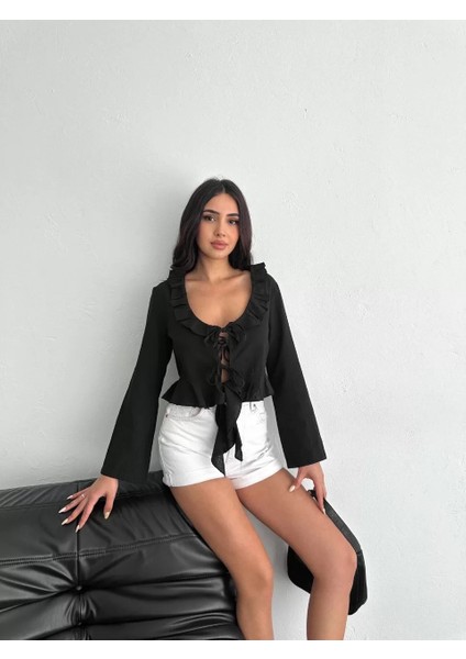Keten Uzun Kol Bağacık Detaylı Bluz - Siyah fırsatları