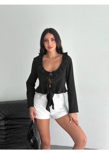Keten Uzun Kol Bağacık Detaylı Bluz - Siyah indirimleri