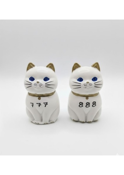 Şans ve Bereket Getiren Maneki Neko Stili Dekoratif Kedi Figürü Seti (777 & 888) - Altın Detaylı Masa Aksesuarı