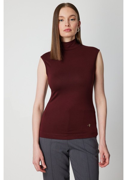Kadın Dik Yaka Kolsuz Basic Bluz 61432 Bordo