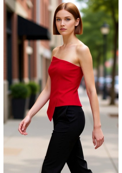 Asimetrik Kesim Straplez Üst Zarif Dokunuşlu Kadın Bluz Kaliteli Şık Rahat Modern Zarif Günlük