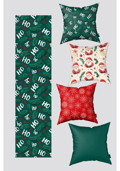 Noel Temalı Çam Dalları ve Kar Taneleri 4 Kırlent Kılıfı 1 Runner Seti