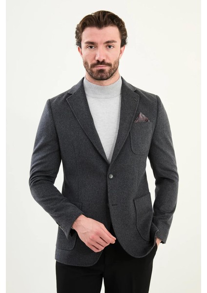 Düz Slim Fit Torba Cepli Mendil Detaylı Yün Erkek Ceket 44316