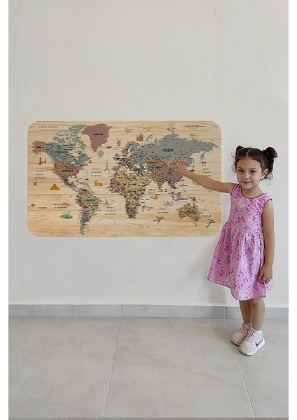 Sepeti Ahşap Görünümlü Türkce Eğitici Detaylı Atlası Dekoratif Dünya Duvar Sticker 3844 modelleri