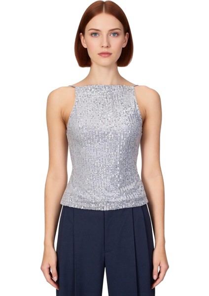 Şık Gece Bluzu Payetli Halter Yaka Kolsuz Örme Bluz Yaz Mevsimi Günlük Kullanım Için fiyatları