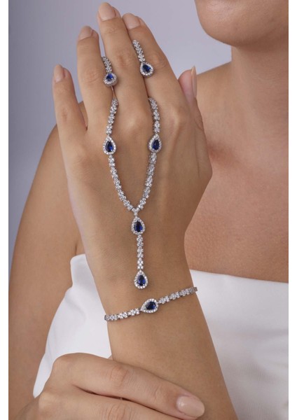 Safir Taşlı Damla Motifli Rodyum Kaplama Gümüş Düğün Seti