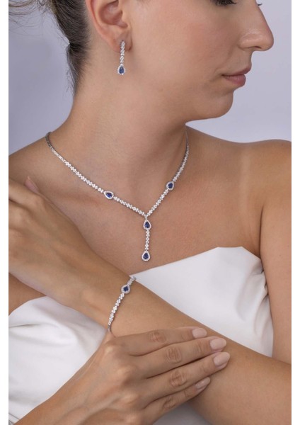 Safir Taşlı Damla Motifli Rodyum Kaplama Gümüş Düğün Seti fiyatları