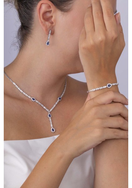 Safir Taşlı Damla Motifli Rodyum Kaplama Gümüş Düğün Seti modelleri