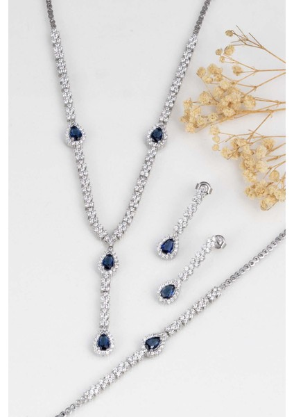 Safir Taşlı Damla Motifli Rodyum Kaplama Gümüş Düğün Seti fırsatları