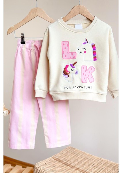 Kız Çocuk Nakış Detaylı 3 Iplik Pamuklu Kumaş Kanvas Pantolonlu Alt Üst Takım fiyatları