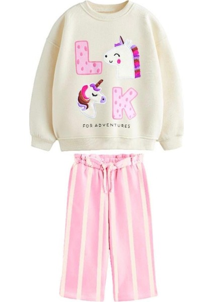 Kız Çocuk Nakış Detaylı 3 Iplik Pamuklu Kumaş Kanvas Pantolonlu Alt Üst Takım