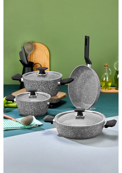 River Döküm Granit 7 Parça Tencere ve Tava Seti Gri