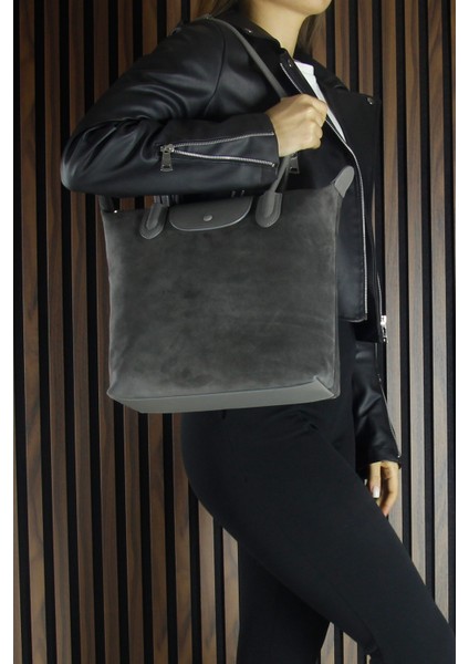 Gri Hakiki Dana Süet Fermuarlı Manyetik Kapaklı Büyük Boy Günlük Omuz Çantası fiyatları