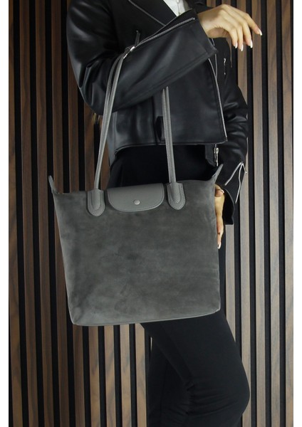 Gri Hakiki Dana Süet Fermuarlı Manyetik Kapaklı Büyük Boy Günlük Omuz Çantası fırsatları