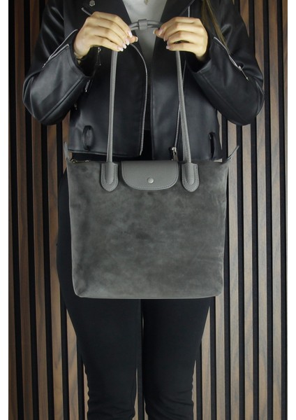 Gri Hakiki Dana Süet Fermuarlı Manyetik Kapaklı Büyük Boy Günlük Omuz Çantası indirimleri